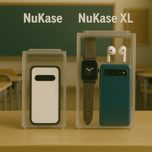 Yondr pouches next to students securely locking phones into NuKase cases.